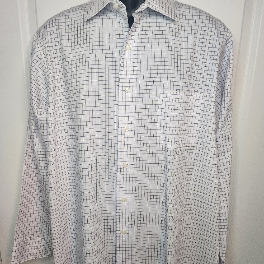 Geoffrey Beene White and Purple Grid Dress Shirt